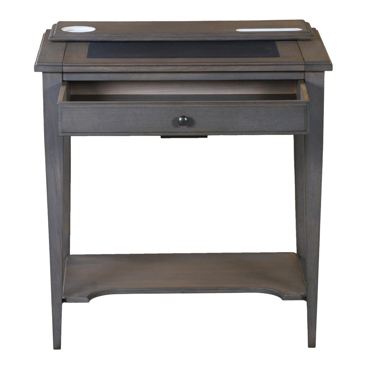 Contemporary French Directoire style desk in oak with a shelf and leather pad, grey stained For Sale