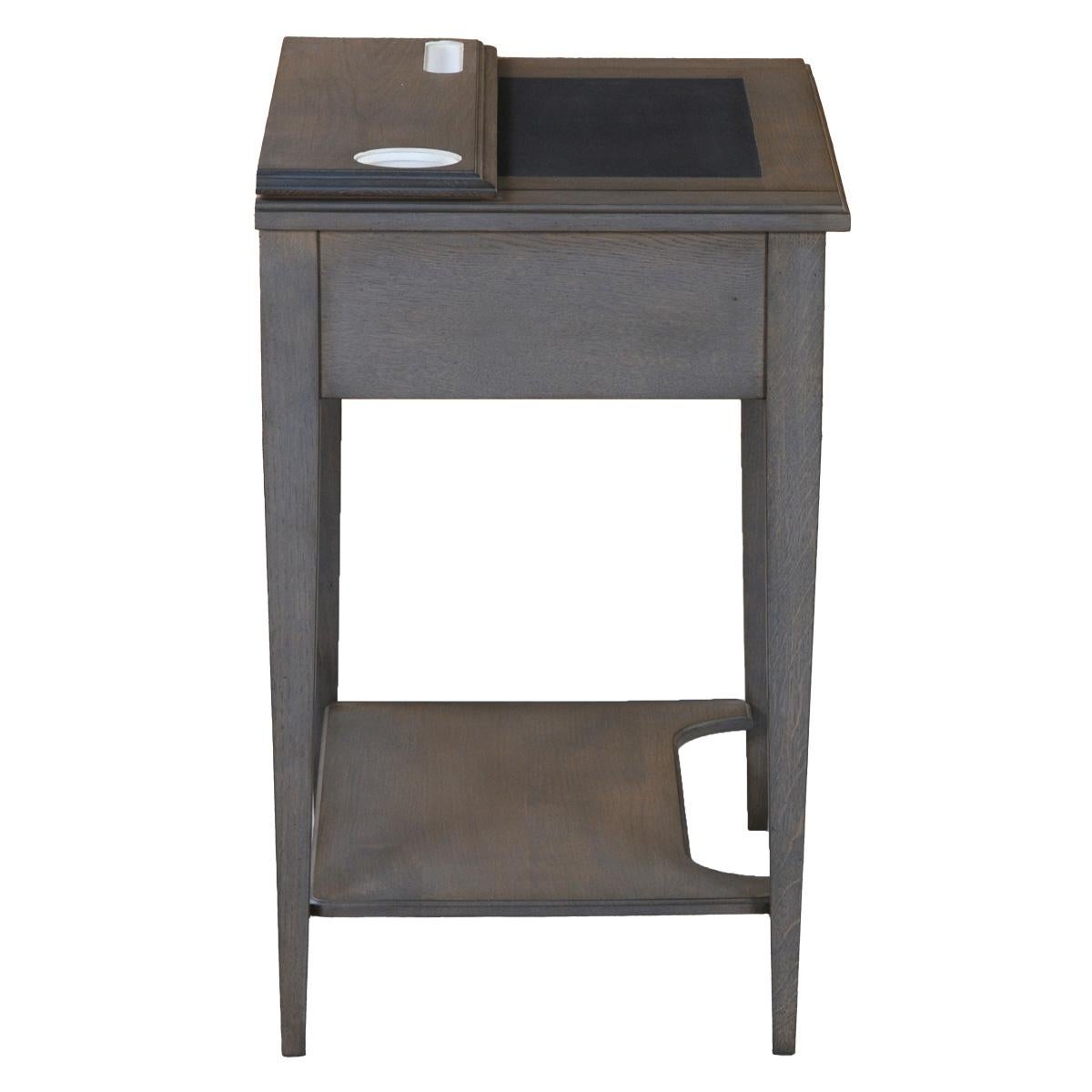 Wood French Directoire style desk in oak with a shelf and leather pad, grey stained For Sale