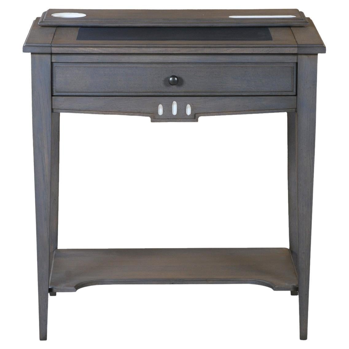Schreibtisch im französischen Directoire-Stil aus Eiche mit Regal und Lederpad, grau gebeizt im Angebot