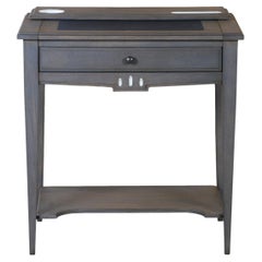 French Directoire style desk in oak with a shelf and leather pad, grey stained