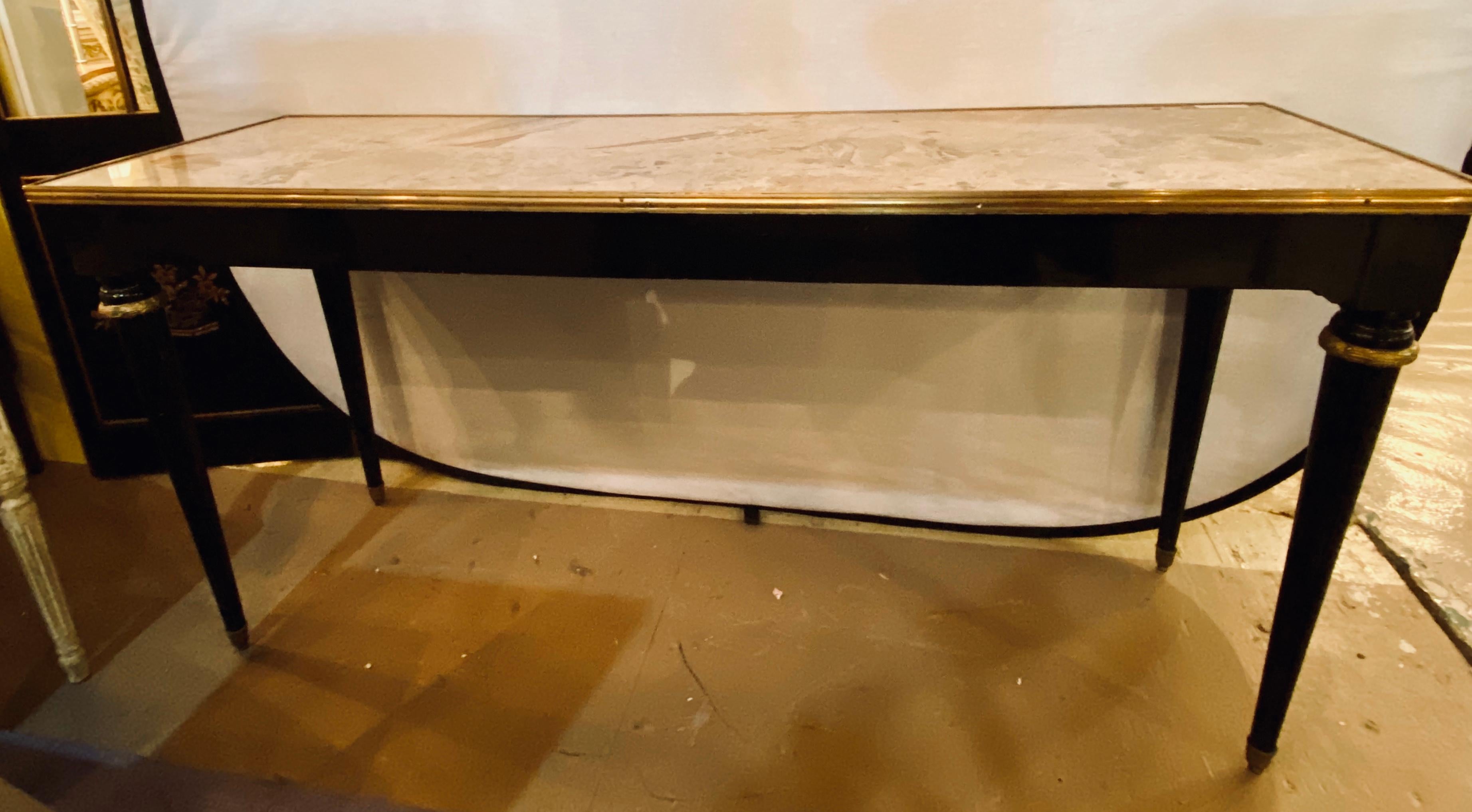 French Directoire Style Ebonized Console or Sofa Table Oblong Marble Top Jansen In Good Condition In Stamford, CT