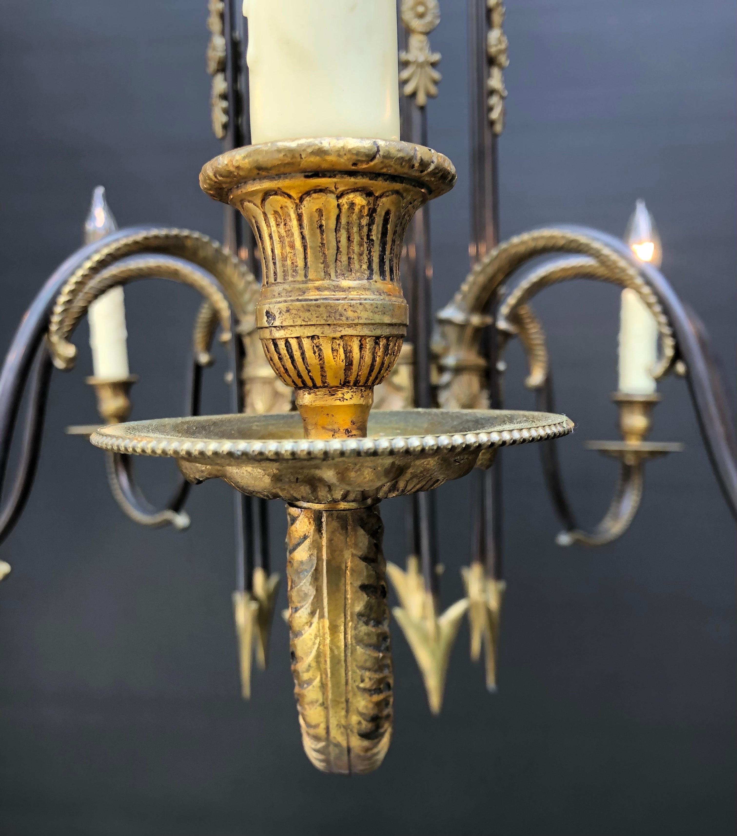 French Directoire Style Gilt and Patina Bronze Chandelier W/ Arrows, Early 20th For Sale 6
