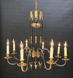 French Directoire Style Gilt and Patina Bronze Chandelier W/ Arrows, Early 20th