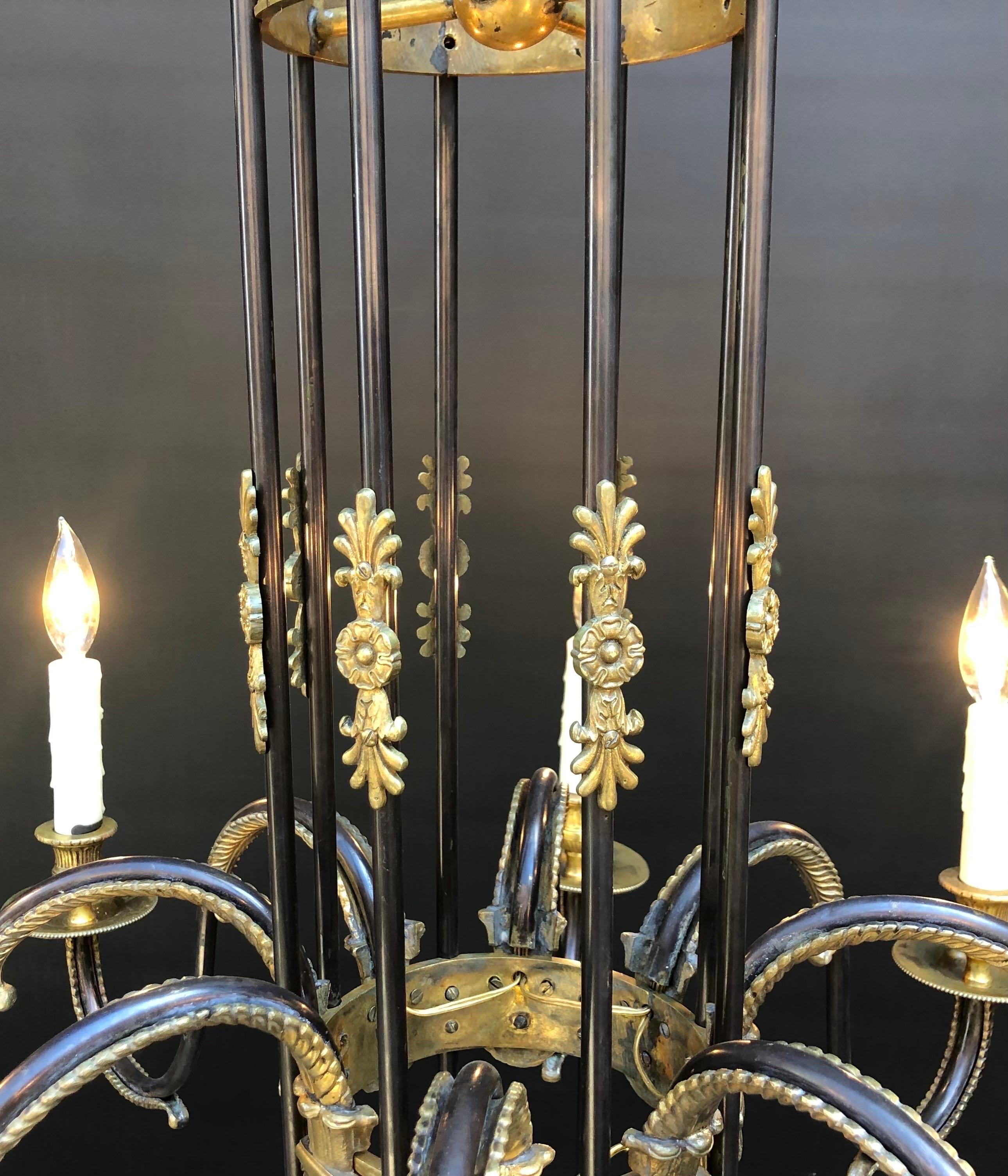 French Directoire Style Gilt and Patina Bronze Chandelier W/ Arrows, Early 20th For Sale 1