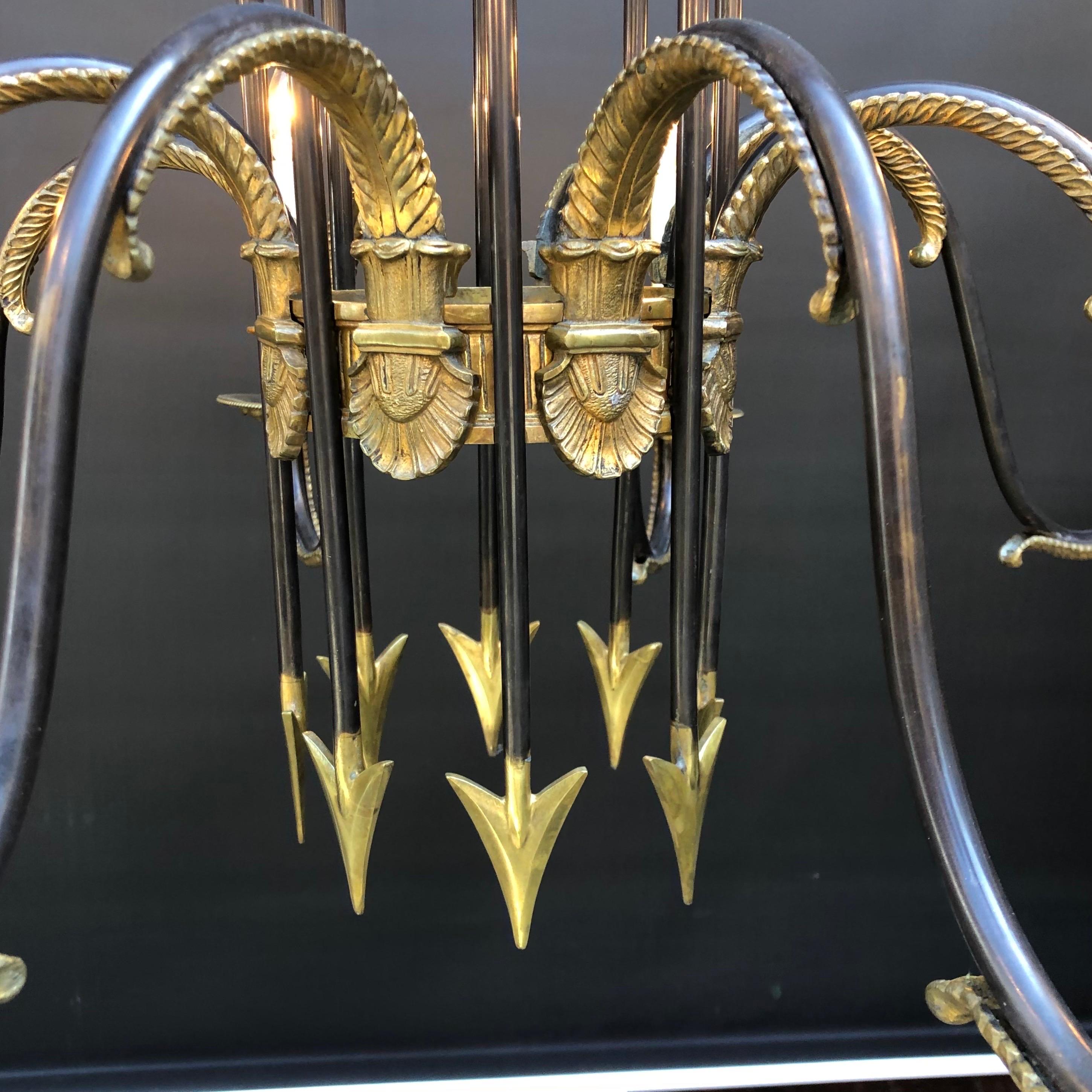 French Directoire Style Gilt and Patina Bronze Chandelier W/ Arrows, Early 20th For Sale 3