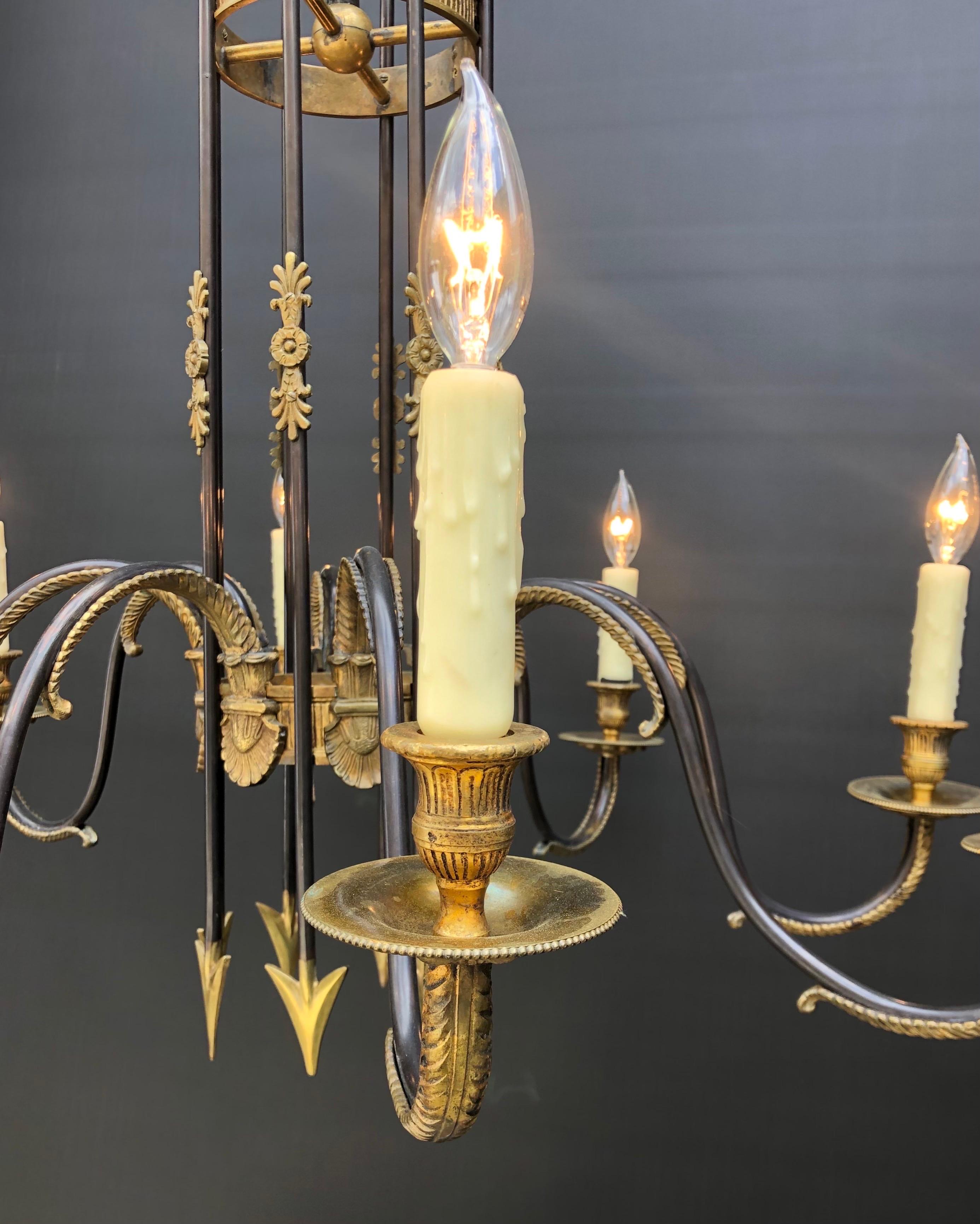 French Directoire Style Gilt and Patina Bronze Chandelier W/ Arrows, Early 20th For Sale 5