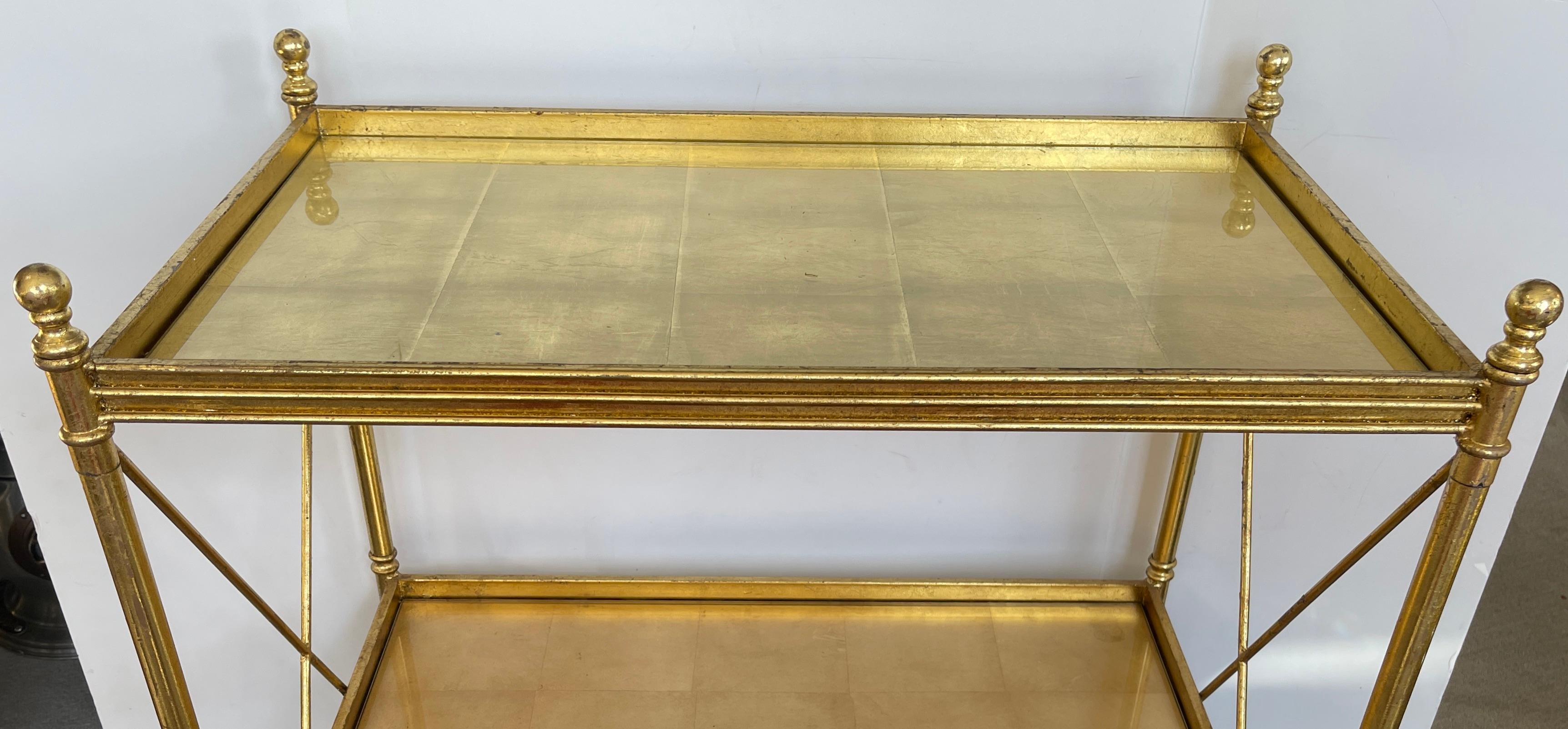 Neoclassical French Directoire Style Gold Leaf Two Tier Tea Cart On Wheels