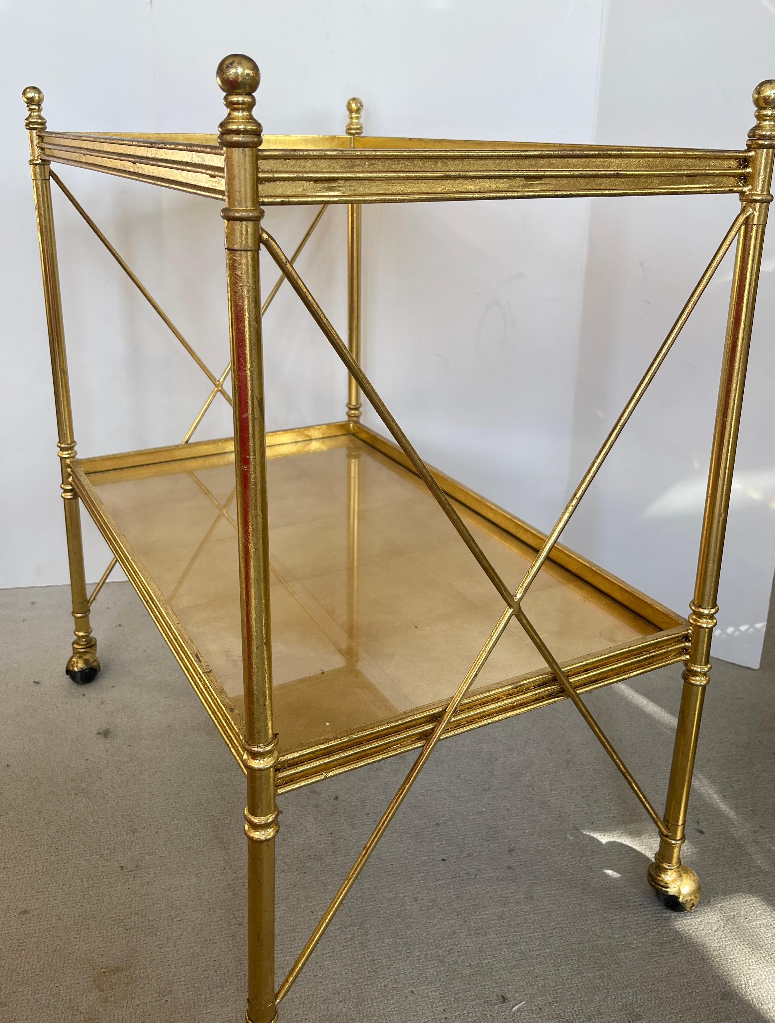 Hand-Crafted French Directoire Style Gold Leaf Two Tier Tea Cart On Wheels