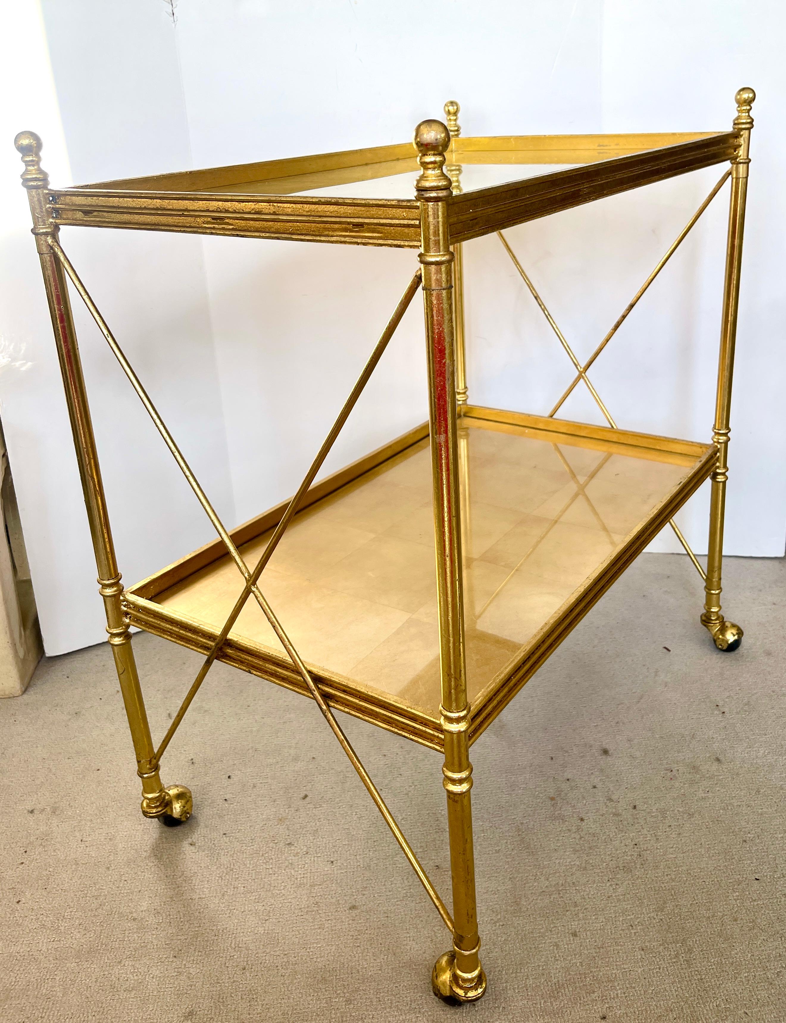 Bronze French Directoire Style Gold Leaf Two Tier Tea Cart On Wheels