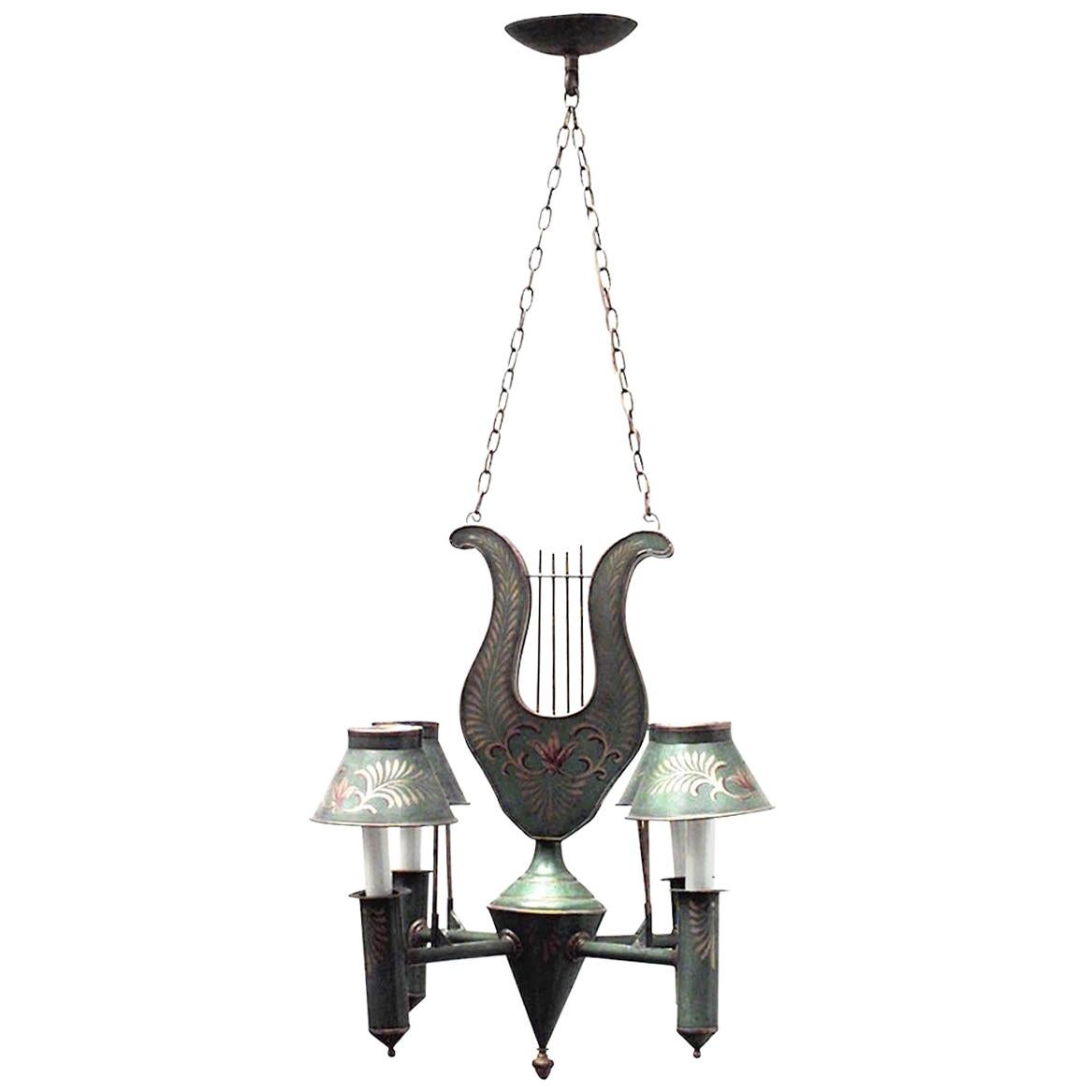 French Directoire Style Green Tole and Gilt Lyre Chandelier For Sale