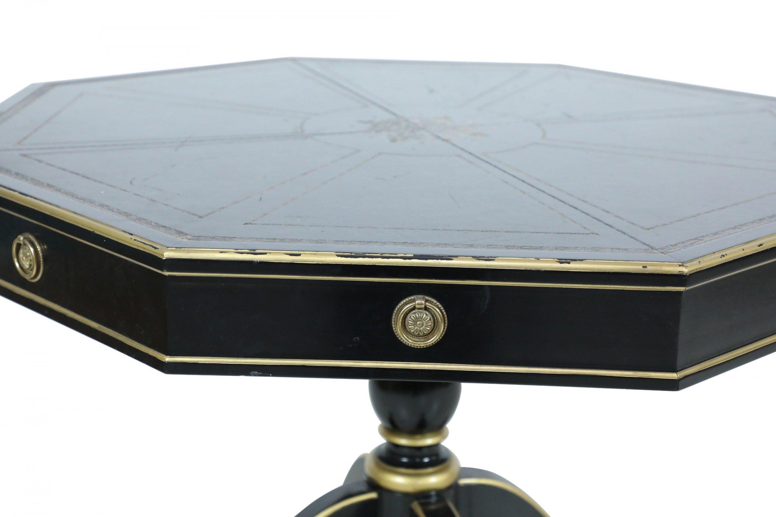 French Directoire-style Hexagonal Black and Gilt Leather Pedestal Center Table In Good Condition For Sale In New York, NY