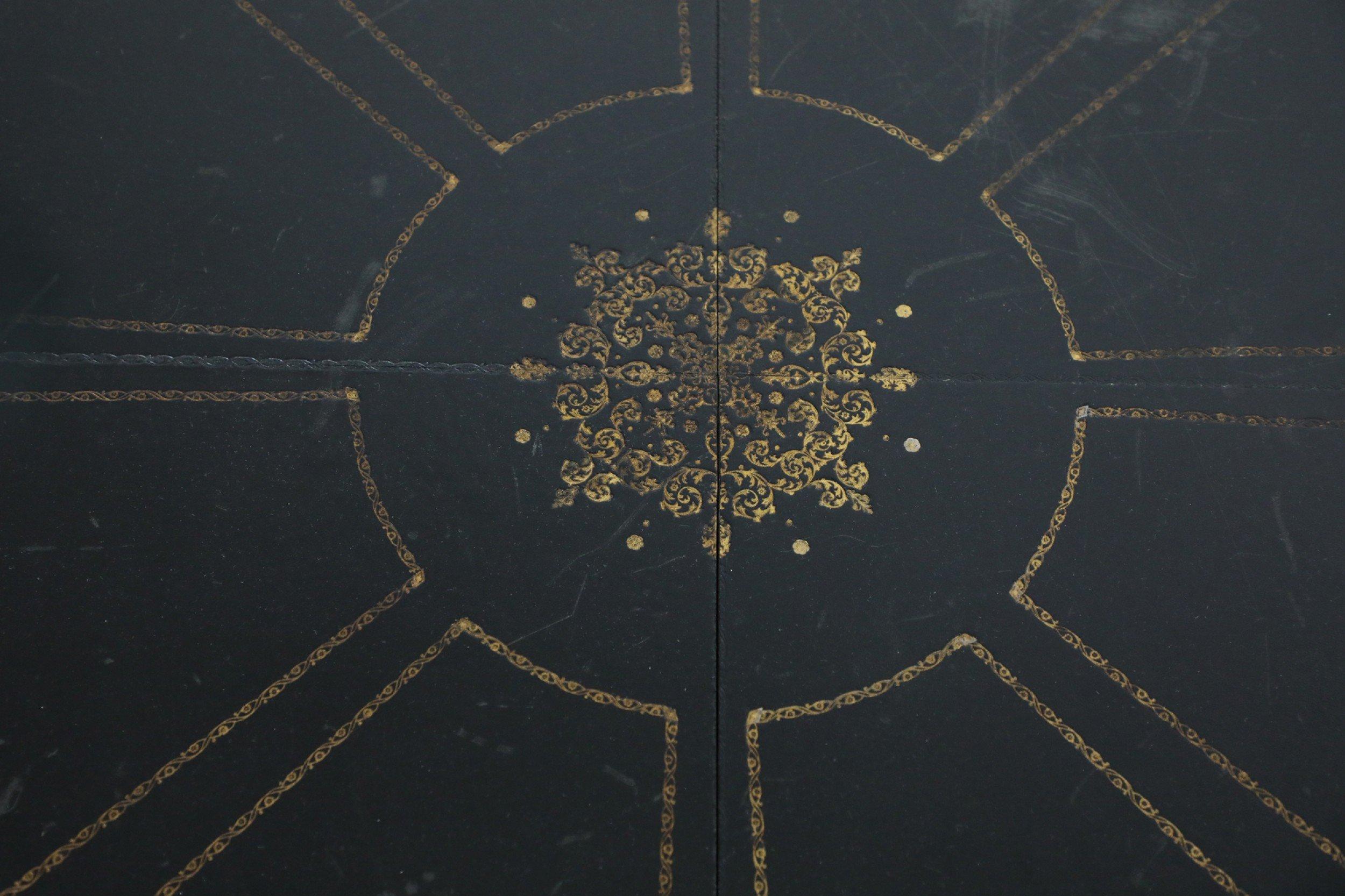 20th Century French Directoire-style Hexagonal Black and Gilt Leather Pedestal Center Table For Sale