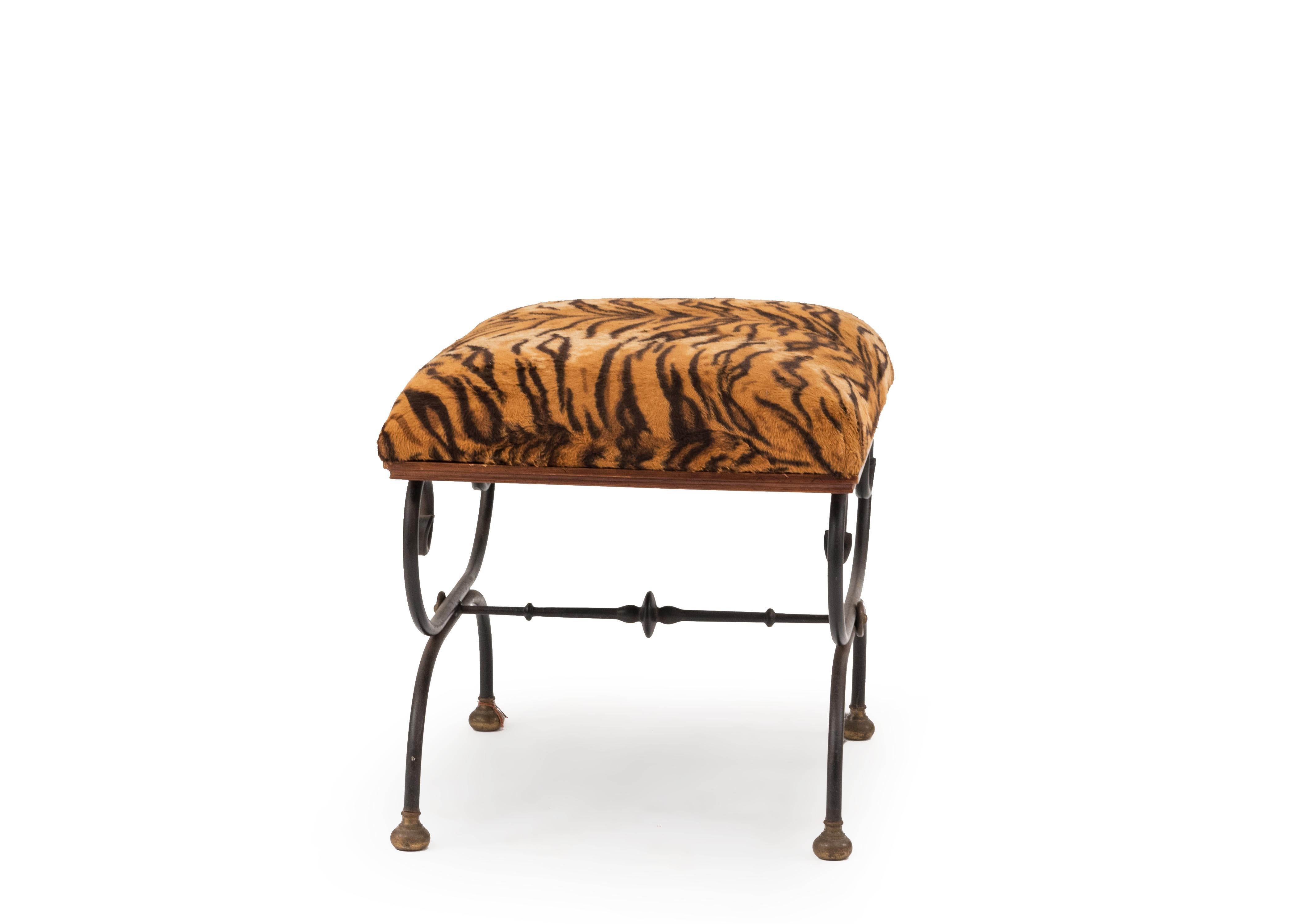 French Directoire Style Leopard Upholstered Iron Bench In Good Condition In New York, NY