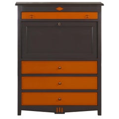 French Directoire Style Large Secretary Desk in Wood, Orange & Gray