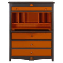 French Directoire Style Large Secretary Desk in Wood, Orange & Gray