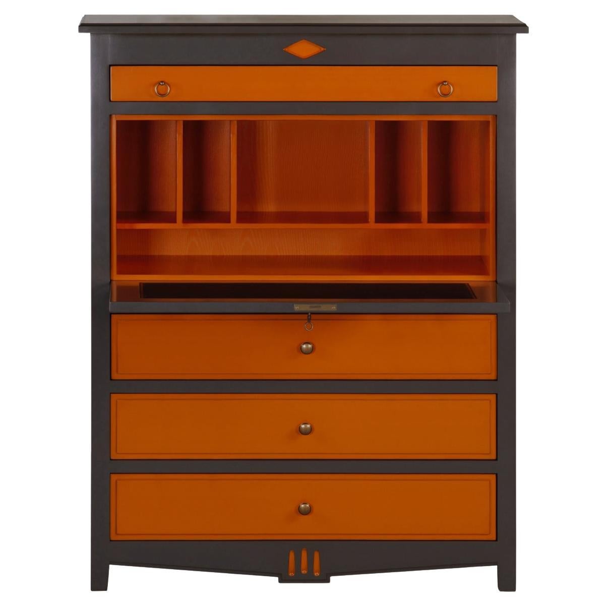 Grand secrétaire de style Directoire français en bois, orange et gris