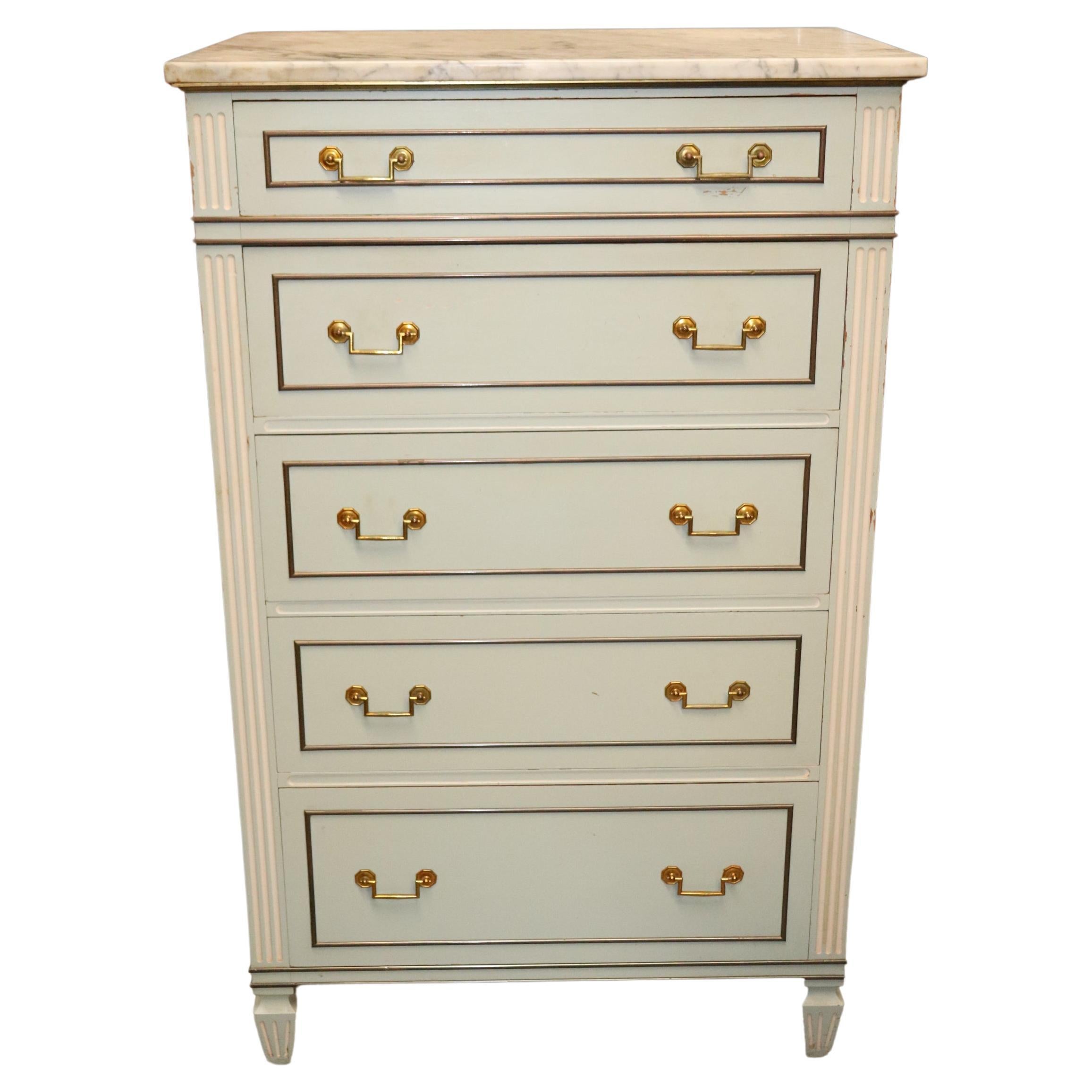 French Directoire Style Light Blue Painted Marble Top Dresser Semanie