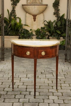 French Directoire Style Mahogany Demilune Table with Marble Top and Drawers