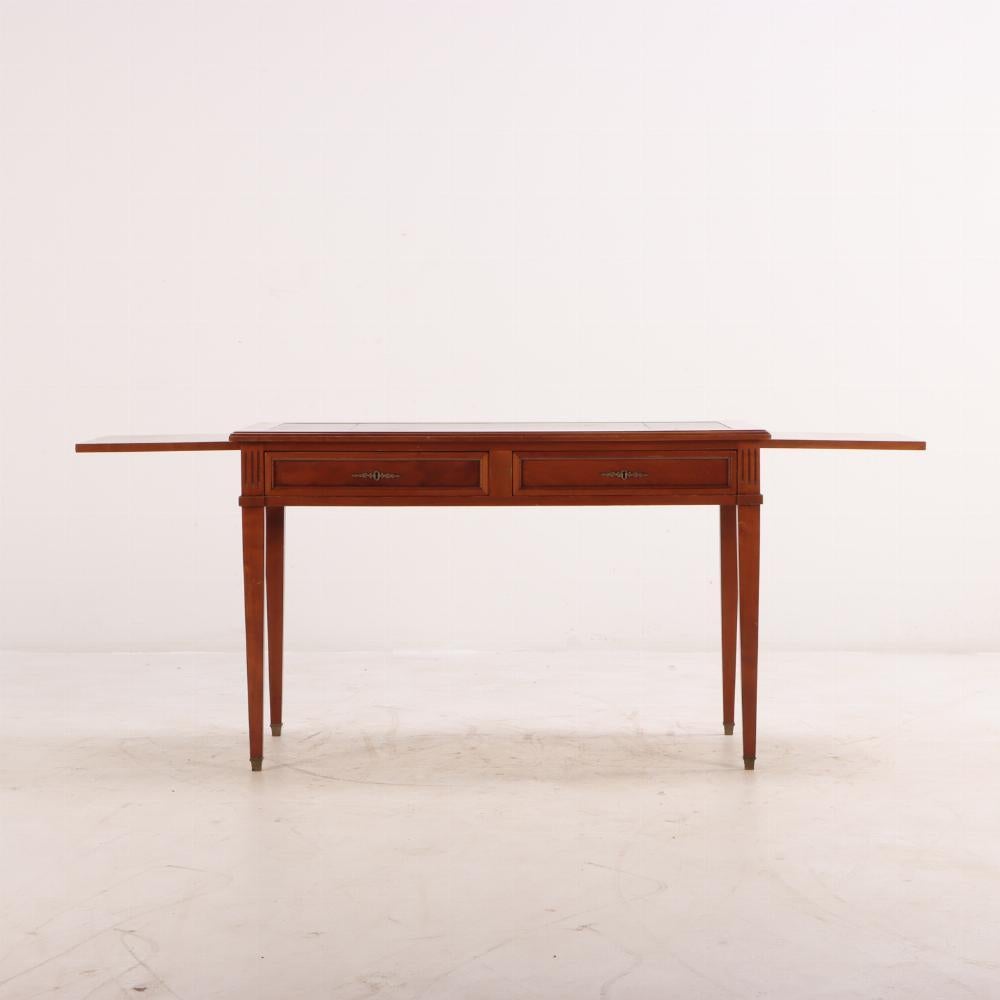 French Directoire style mahogany leather top writing desk C 1940. In Good Condition In Philadelphia, PA