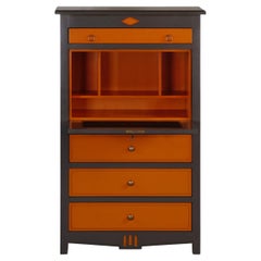 French Directoire Style Medium-Large Secretary Desk in Wood, Orange & Gray