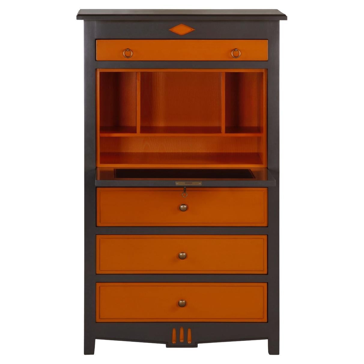 Escritorio Secretario Mediano-Grande Estilo Directoire Francés en Madera, Naranja y Gris
