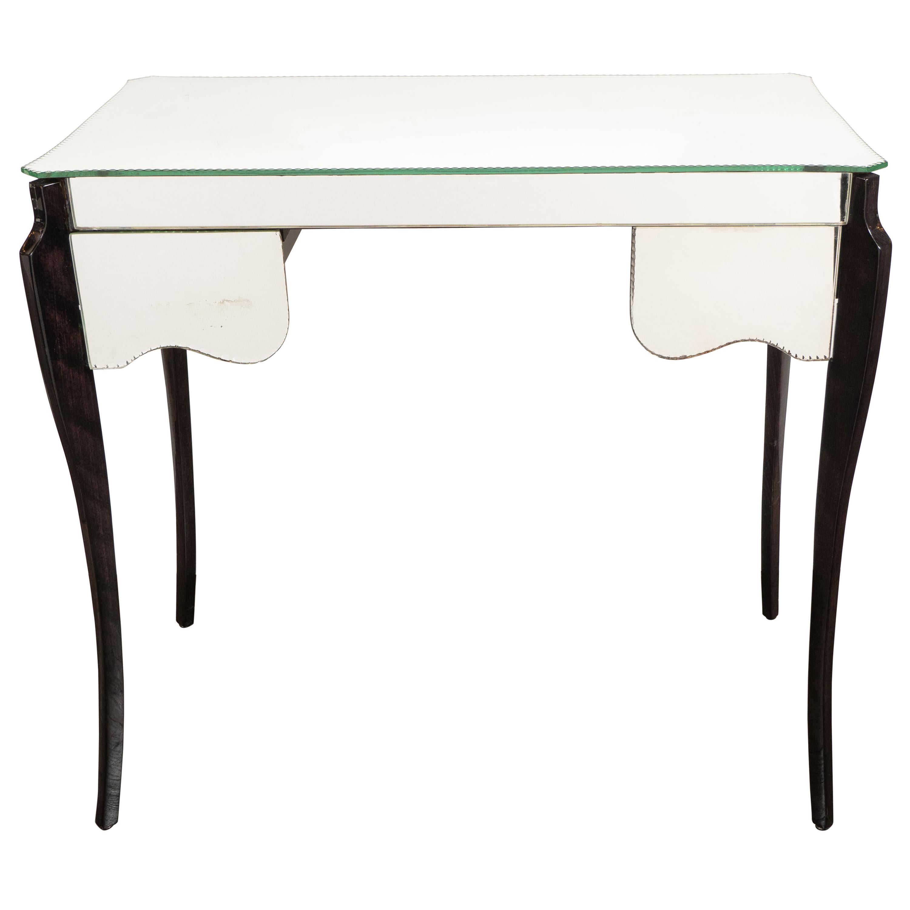 French Directoire Style Mirrored Vanity Table W/ Ebonized Walnut Cabriolet Legs