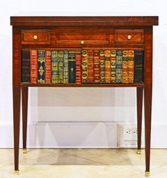 French Directoire Style Parquetry and Pictorial Inlay Faux Book Front Game Table
