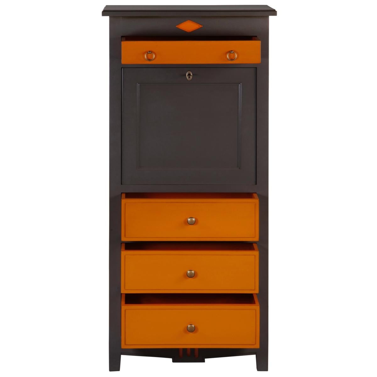 Neoclassical French Directoire Style Secrétaire in Cherry Wood, Orange & Dark Grey Lacquered For Sale