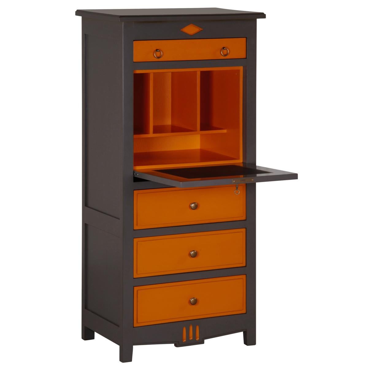 Hand-Crafted French Directoire Style Secrétaire in Cherry Wood, Orange & Dark Grey Lacquered For Sale