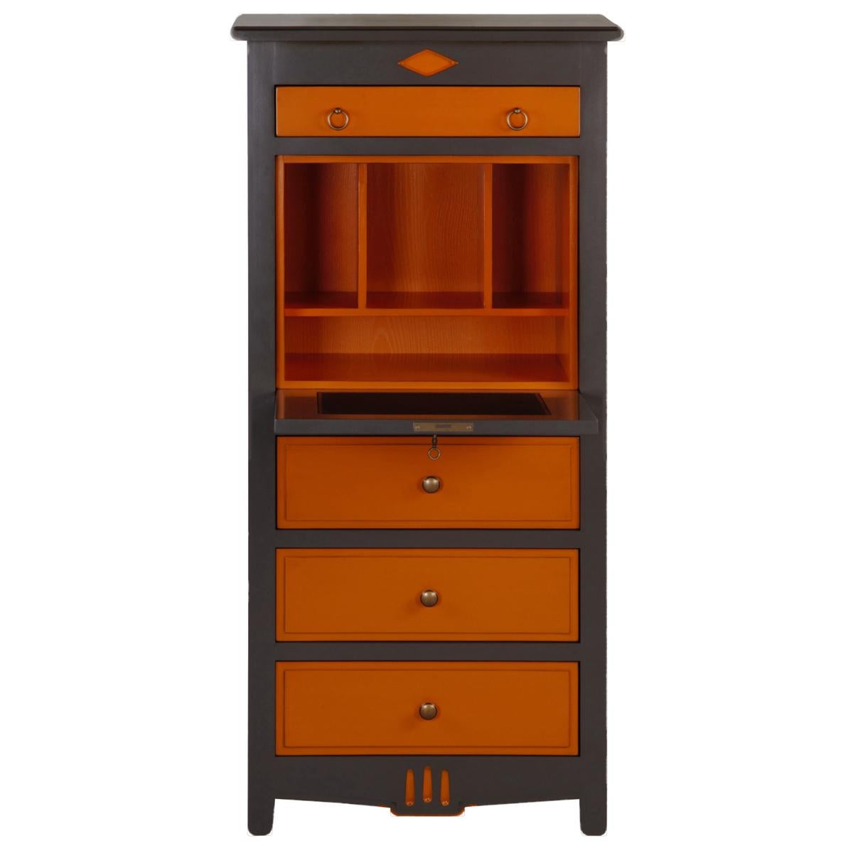 French Directoire Style Secrétaire in Cherry Wood, Orange & Dark Grey Lacquered In New Condition For Sale In Landivy, FR