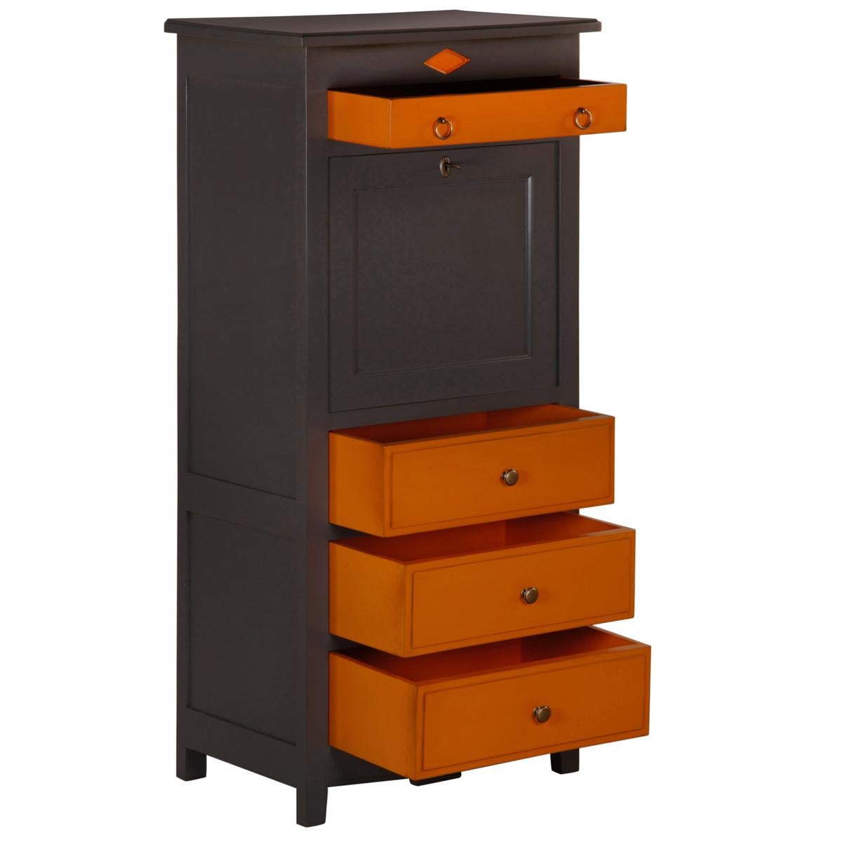 Contemporary French Directoire Style Secrétaire in Cherry Wood, Orange & Dark Grey Lacquered For Sale