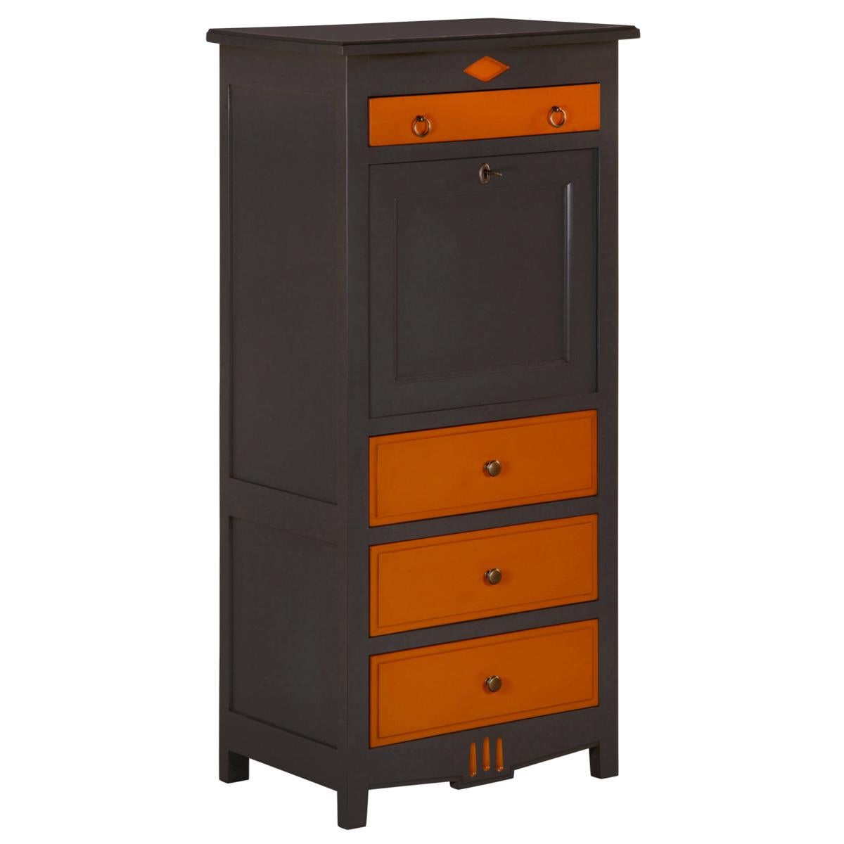 Leather French Directoire Style Secrétaire in Cherry Wood, Orange & Dark Grey Lacquered For Sale