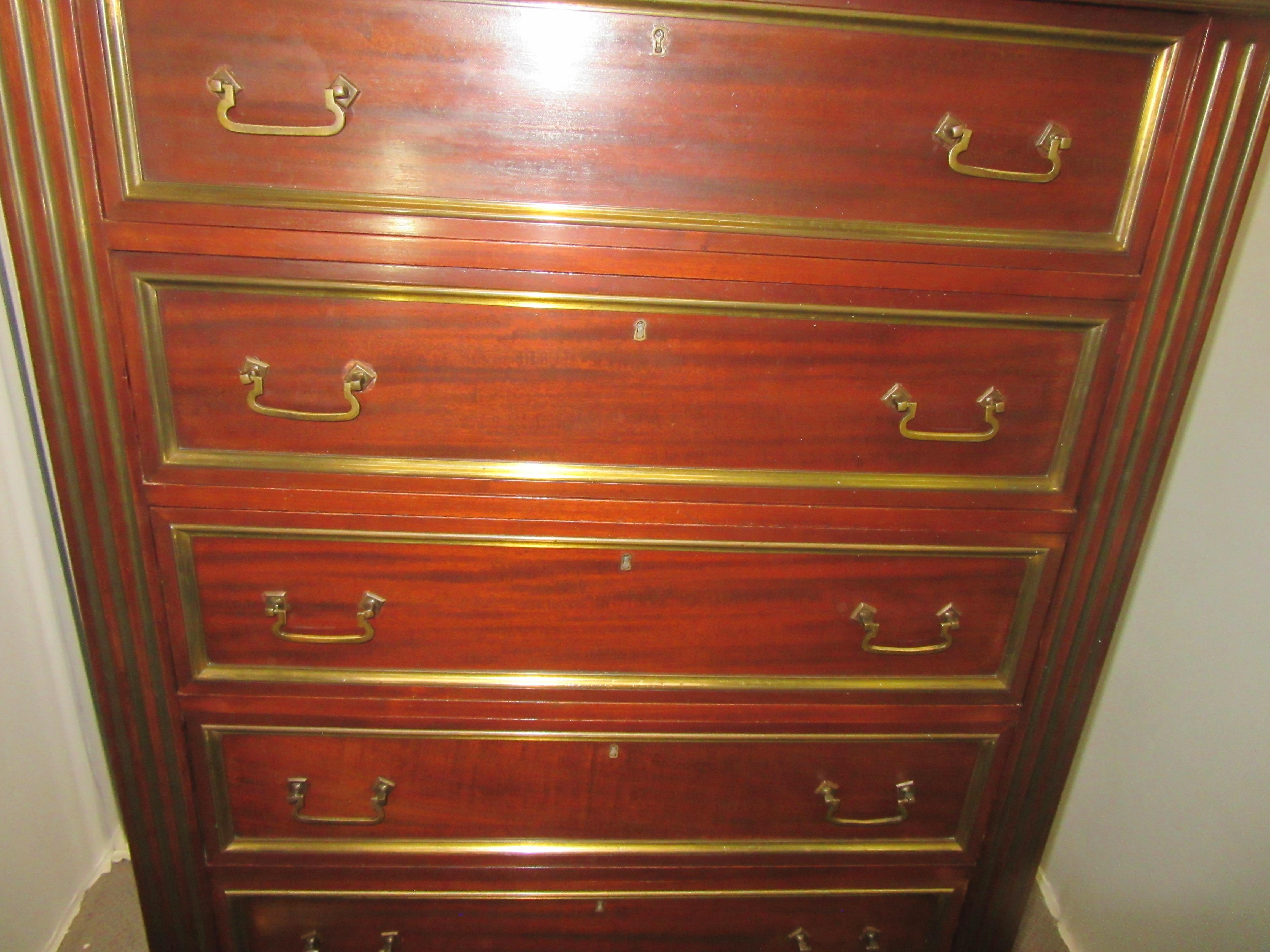 Mid-20th Century French Directoire Style Semainier in Mahogany and Brass