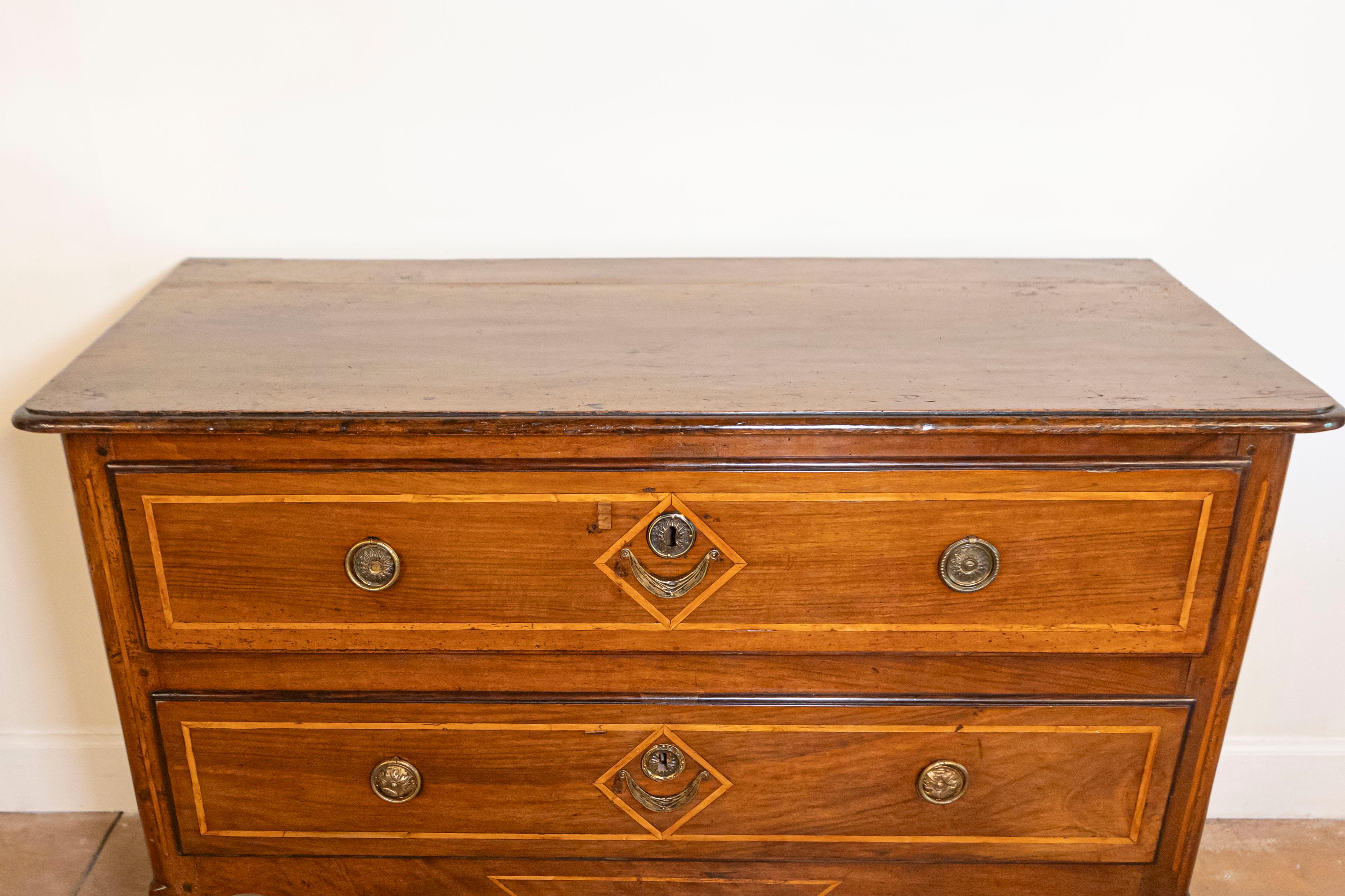 18th Century French Directoire Two-Drawer Walnut Commode with Banded Inlay from Provence For Sale