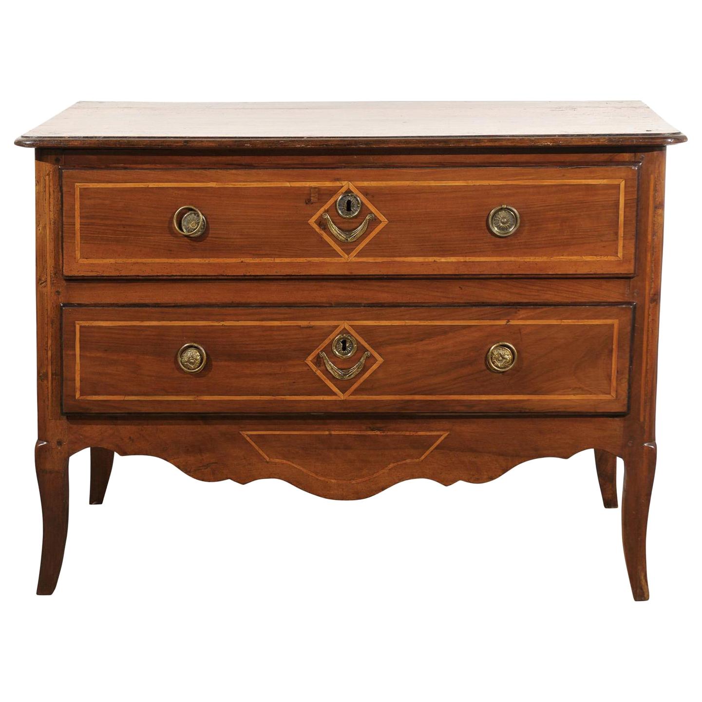 French Directoire Two-Drawer Walnut Commode with Banded Inlay from Provence