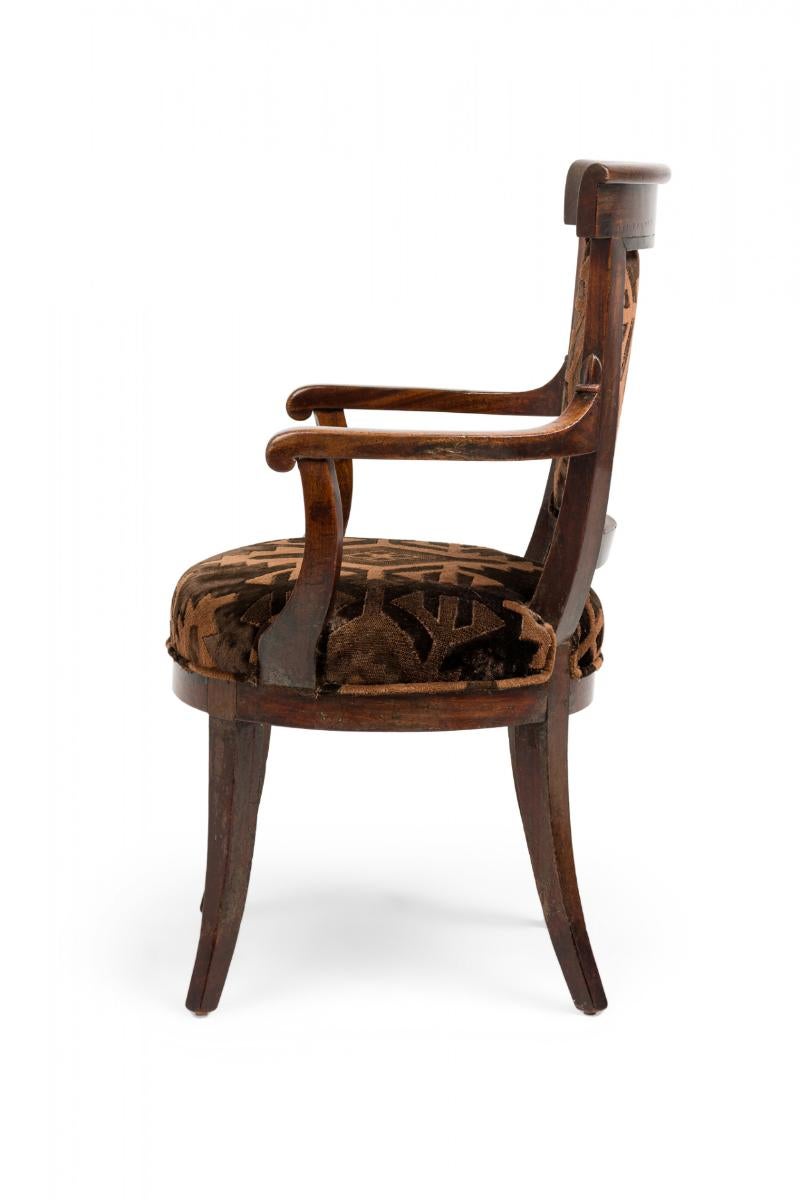 Hand-Carved French Directoire Walnut & Black Geometric Upholstered Sabre Leg Armchair For Sale