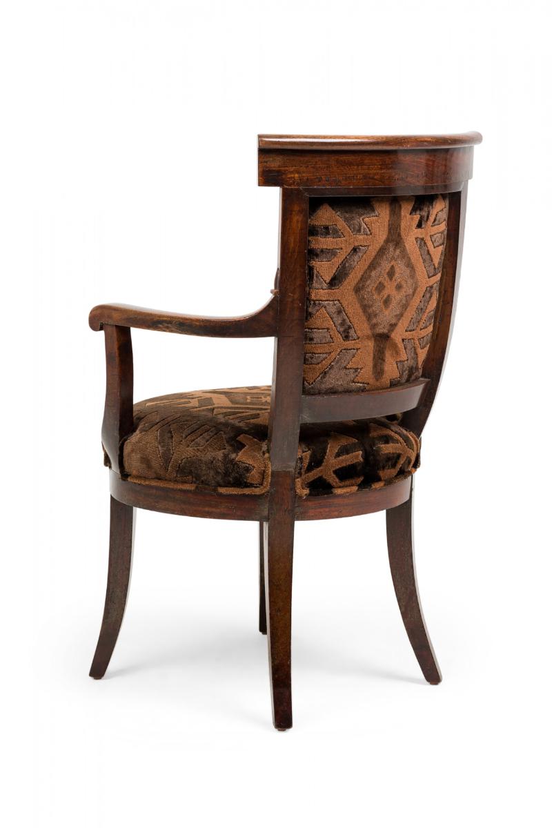 French Directoire Walnut & Black Geometric Upholstered Sabre Leg Armchair In Good Condition For Sale In Queens, NY