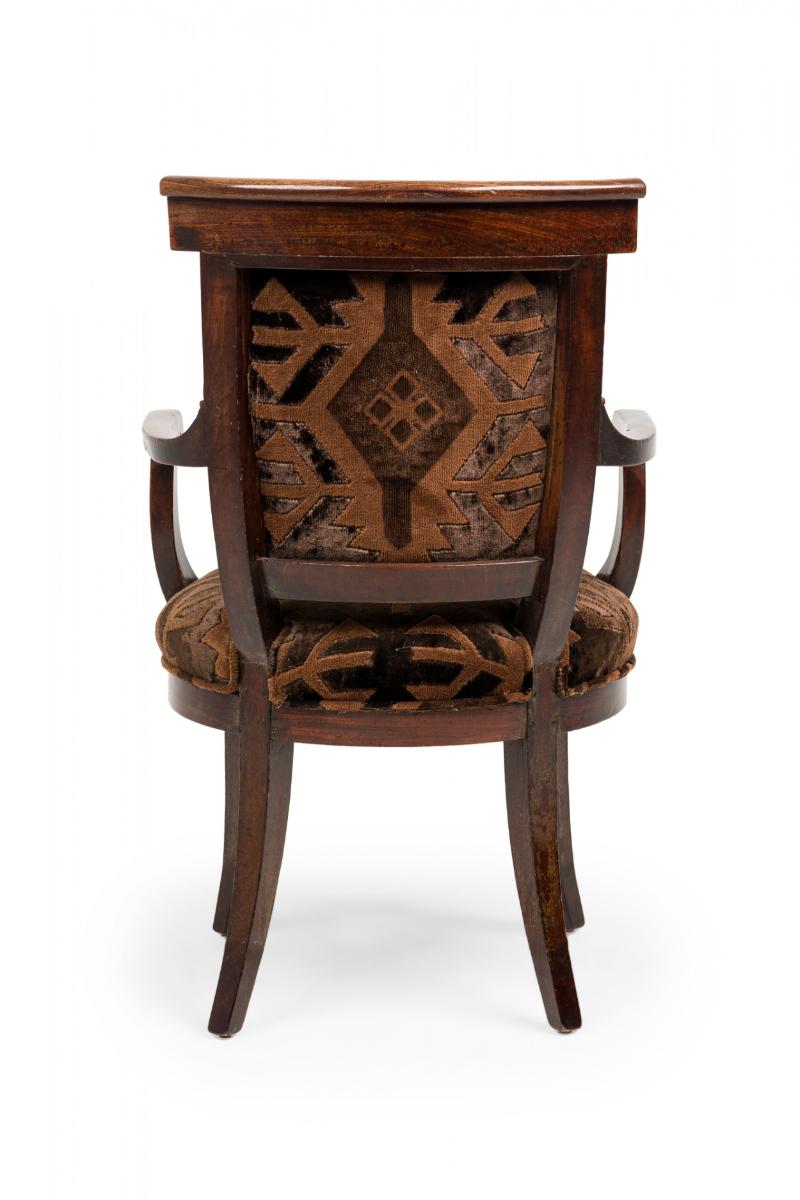 19th Century French Directoire Walnut & Black Geometric Upholstered Sabre Leg Armchair For Sale