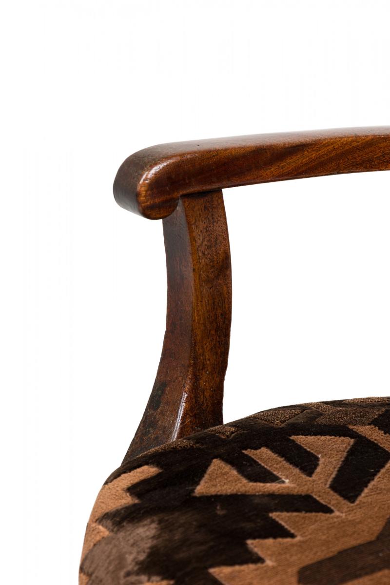 Fabric French Directoire Walnut & Black Geometric Upholstered Sabre Leg Armchair For Sale