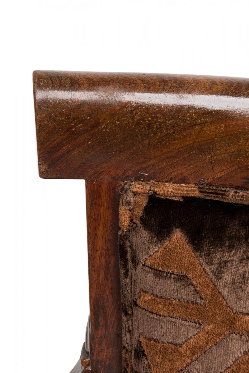 French Directoire Walnut & Black Geometric Upholstered Sabre Leg Armchair For Sale 1