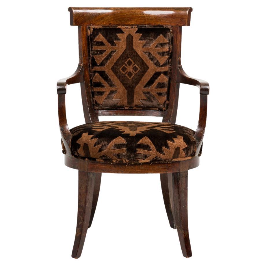 French Directoire Walnut & Black Geometric Upholstered Sabre Leg Armchair For Sale