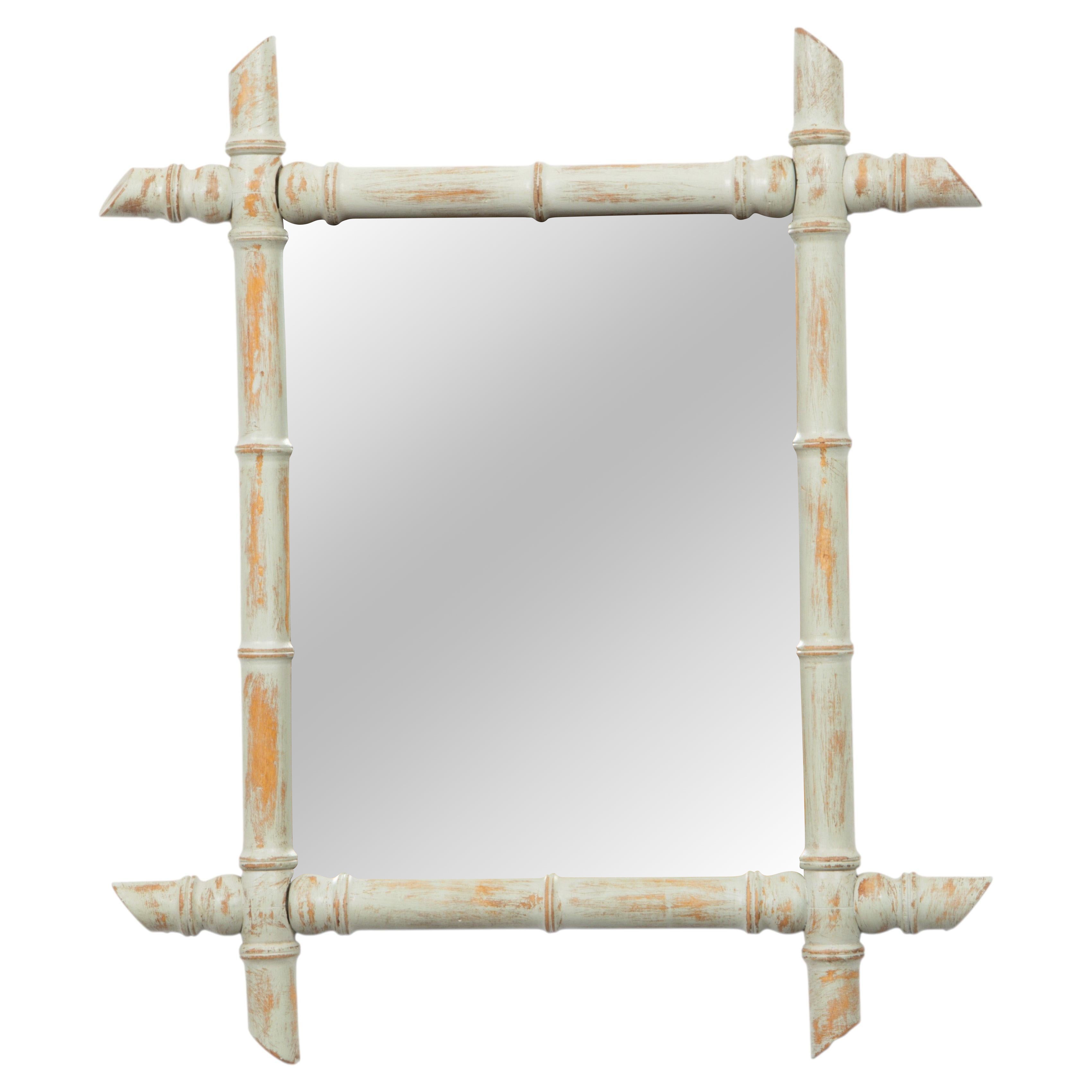 French Distressed Painted Faux Bamboo Wall Mirror, Circa 1900 For Sale