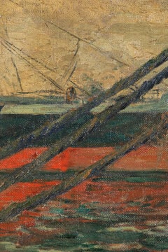 French Dock Scene Painting of Boats