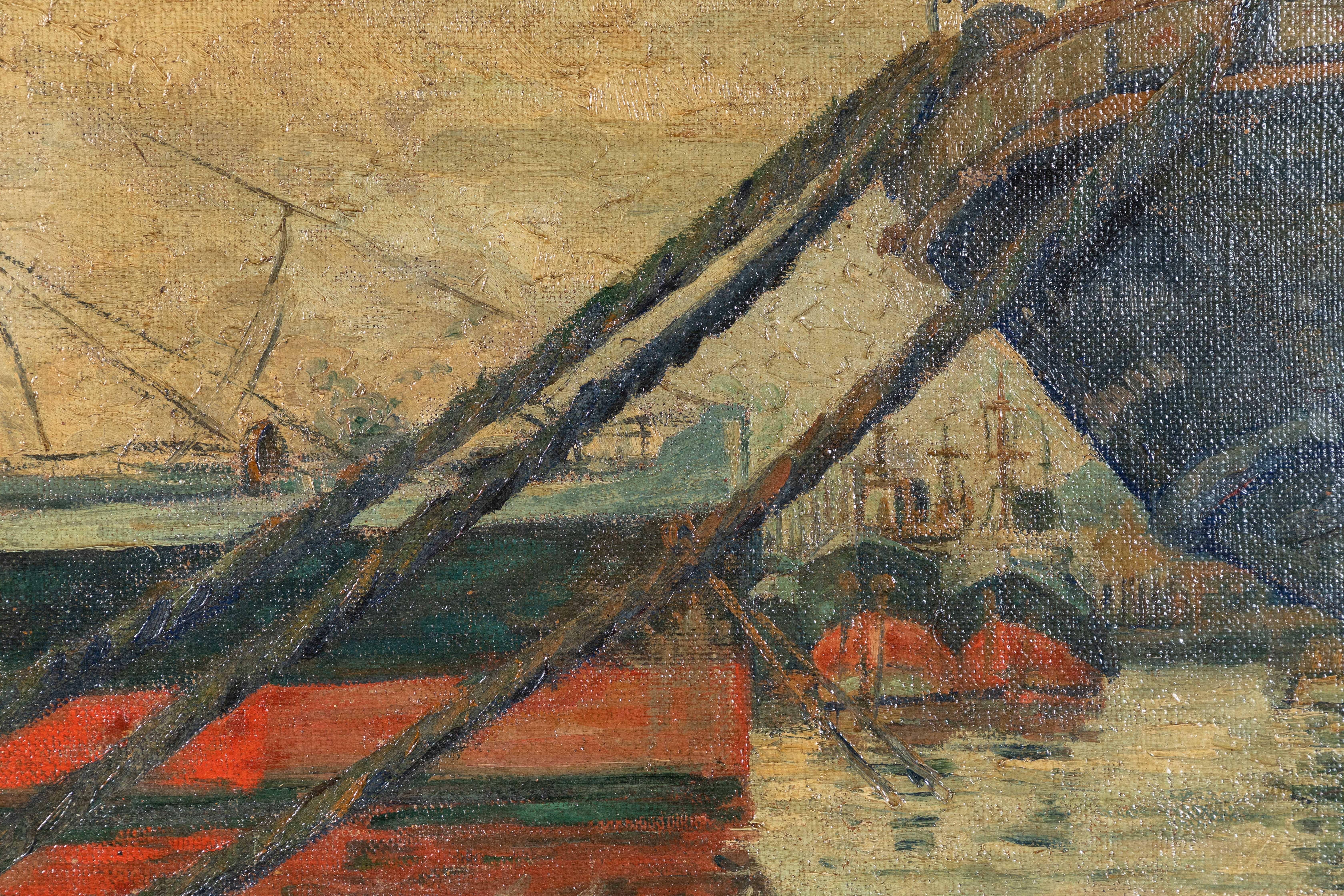 French Dock Scene Painting of Boats 1
