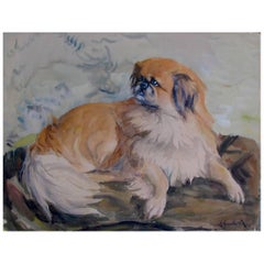 French Dog Painting 20th Century Pekingese Dog Portrait by A Gauthier