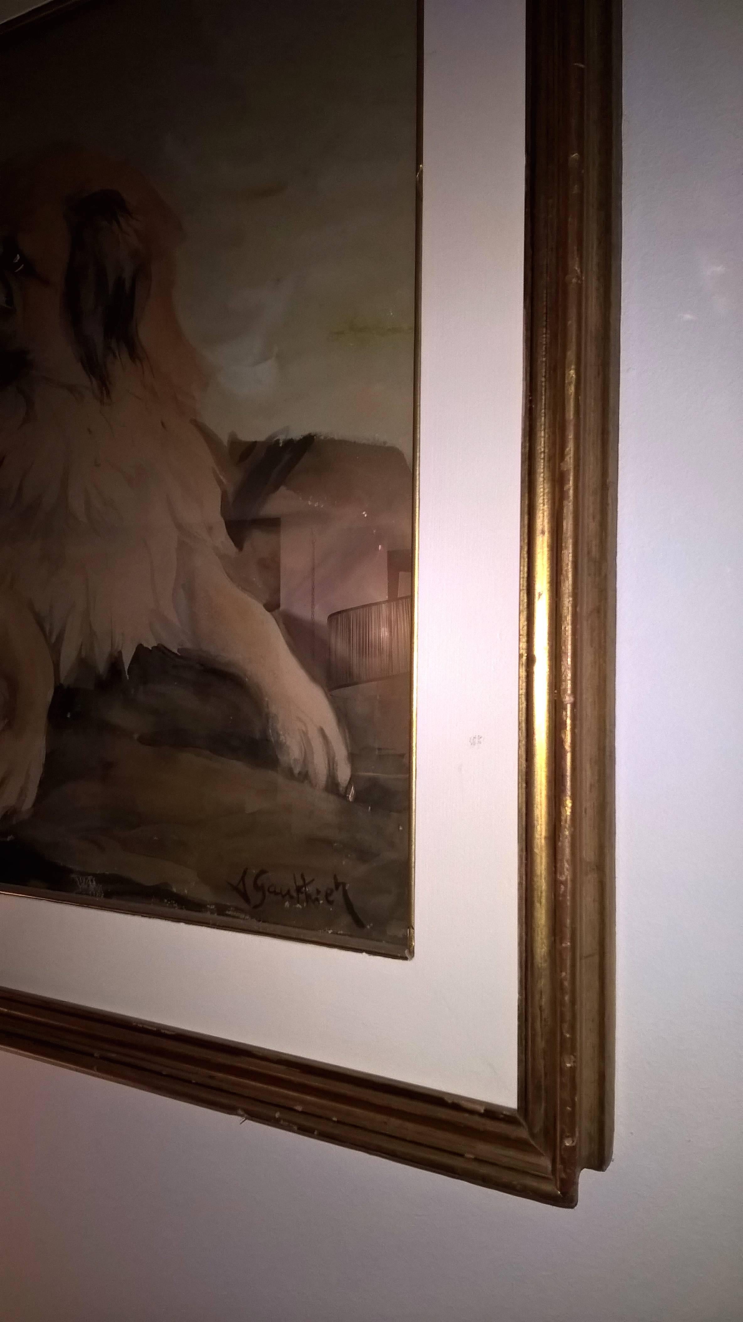 Pine French Dog Painting 20th Century Pekingese Dog Portrait by A Gauthier