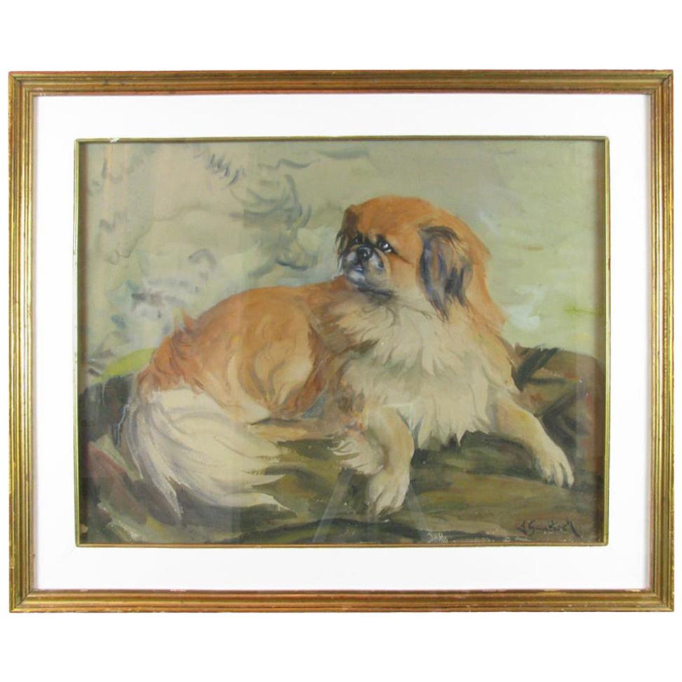 French Dog Painting 20th Century Pekingese Dog Portrait by A Gauthier