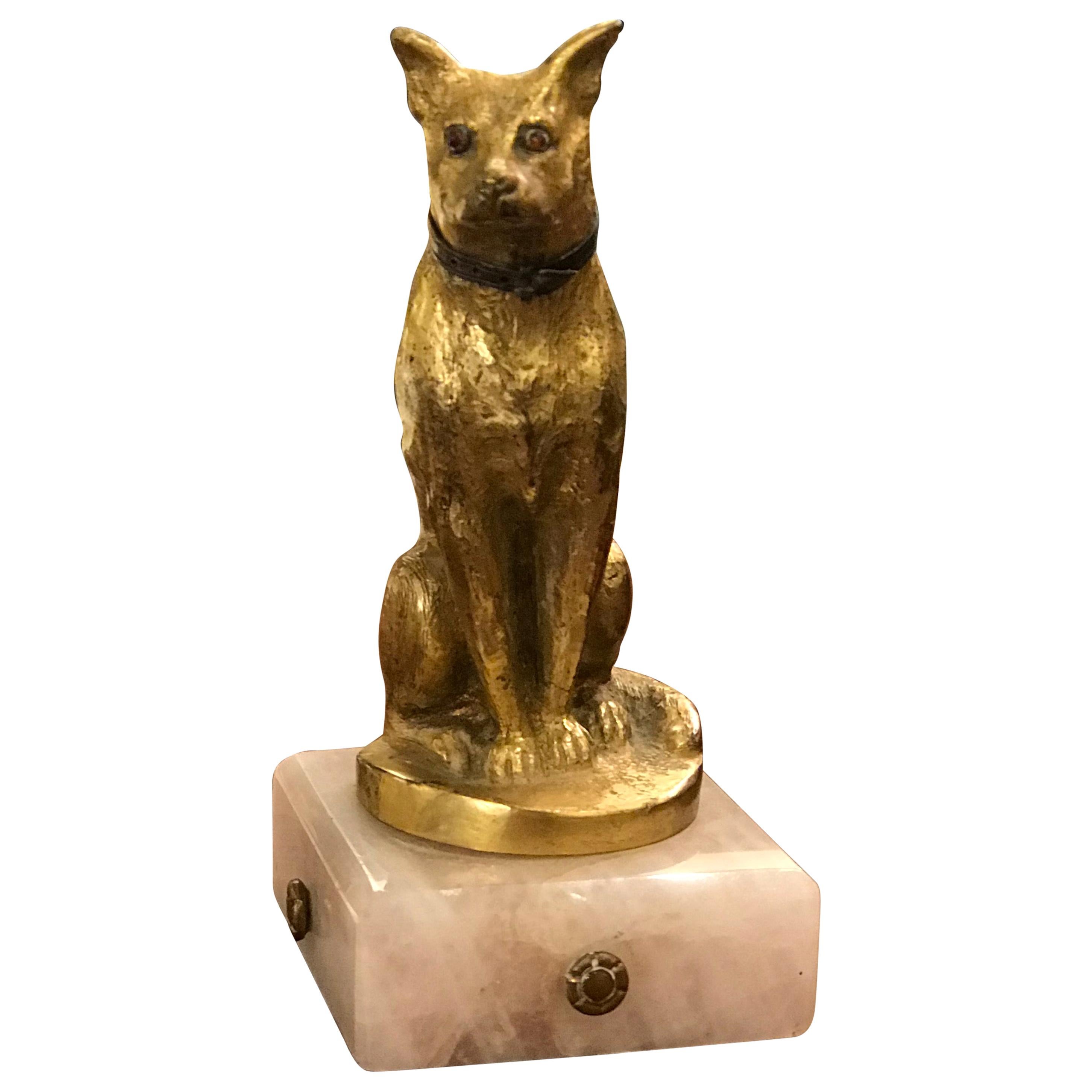 French Dog Paperweight with Gilt Bronze Detail and Marble Base