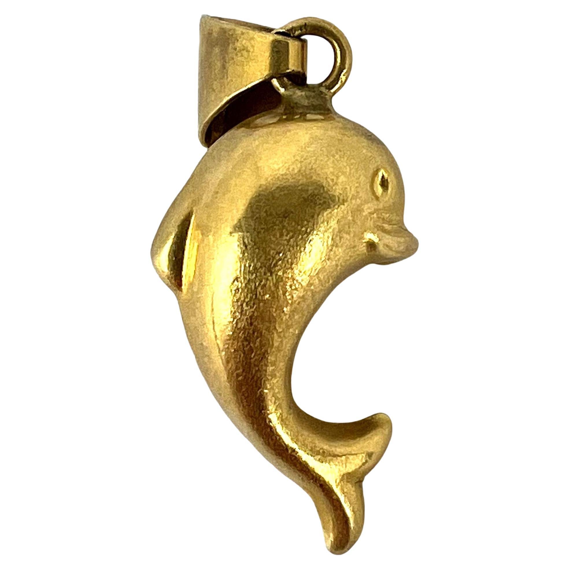 French Dolphin 18K Yellow Gold Charm Pendant For Sale