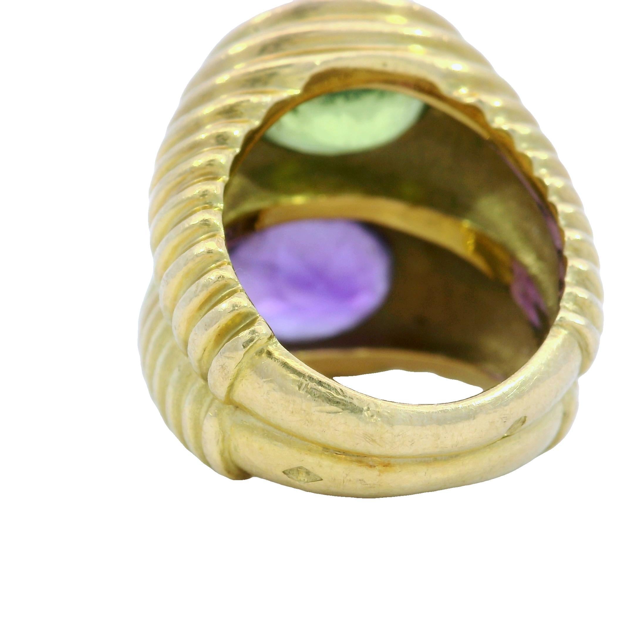 French Doppio Ring Peridot Amethyst Double Row Ring in 18K Yellow Gold en vente 2